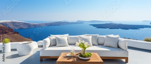 Santorini style of outdoor living beach luxury on sea view background, Sea view Beach luxury living, Generative AI