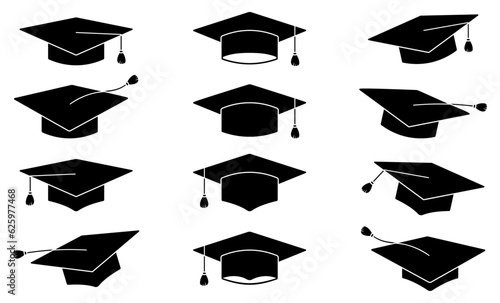 Graduation hat icon set. Academic cap silhouette collection. Vector illustration isolated on white.