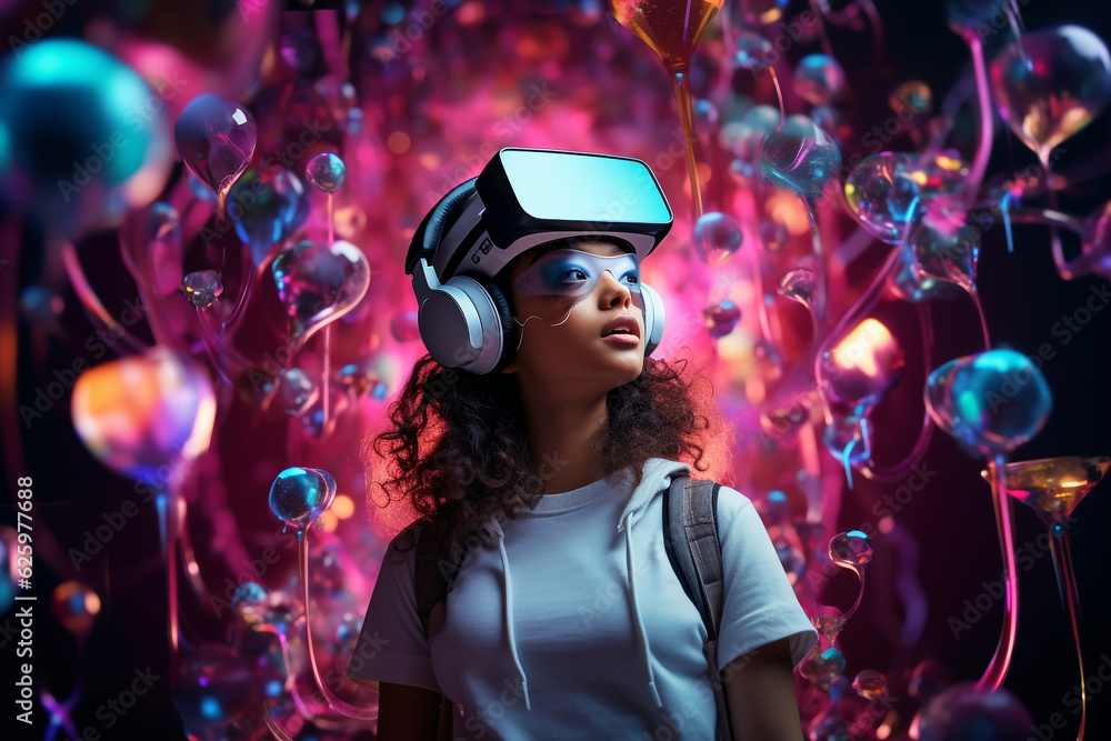 Young creative female using VR glasses. Fantasy world. High quality photo Young creative female using VR glasses. Fantasy world. High quality photo