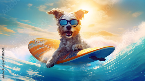cute dog surfing on ocean. Generative AI. © graphic_titan