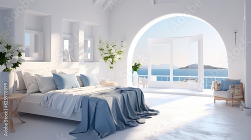 Bedroom sea view, White Bedroom interior Santorini style on sea view background, Generative AI