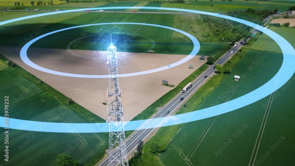 Animated visualization of radio waves emitted by a cell tower. Antenna near the road with