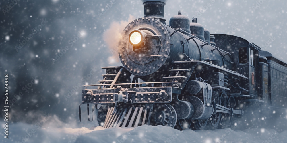 Snowy Arrival Vintage Steam Locomotive Enters Snow-Covered Station with Falling Snowflakes AI generated