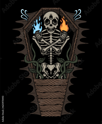 Avatar skeleton in casket hand drawn illustration vector design