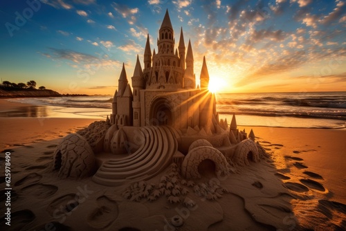 Illustration of a sand castle on a beautiful sandy beach, Generative AI © Virginie Verglas