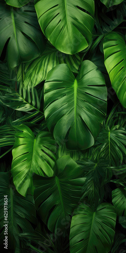 Pattern Green Tropical Forest  Leaves Closeup. Phone Wallpaper. Generative AI