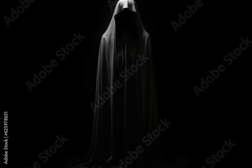 A Ghost In A White Sheet On A Black Background. Halloween. Generative AI