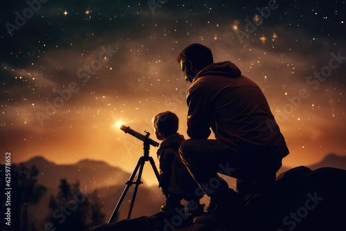 Silhouette Of Man And Child Looking At The Stars Through Telescope. Generative AI