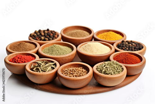 Spices In Wooden Bowls In Flight On White Background. Generative AI