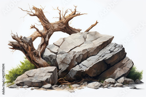 Old Tree Trunk On Stones On White Background. Generative AI