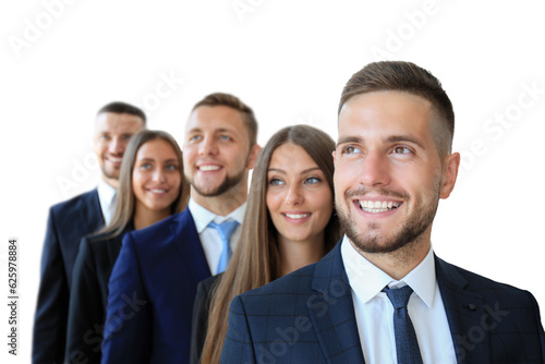 Happy smiling business team standing in a row on a transparent background