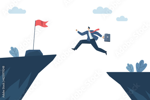 Brave business man overcome challenging risks drive towards goals and success, Businessman jumping over the abyss go get the flag of victory. Vector design illustration.