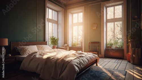 realistic 3d render generate bedroom interior homedesign ideas creaitve concept bedroom with sunset dramatic light from window with volumatic and fog light beautiful house background,ai generate © VERTEX SPACE