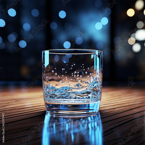 A glass of water on a table with colorful lights bokeh generated by AI