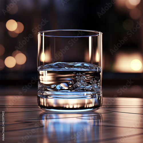A glass of water on a table with colorful lights bokeh generated by AI