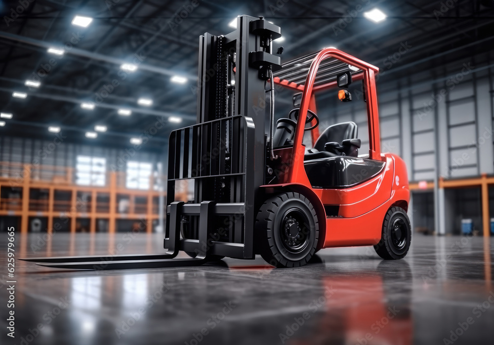 Forklift loads pallets and boxes in warehouse, Machinery concept, Logistics in stock. Forklift loads pallets and boxes in warehouse, Machinery concept, Logistics in stock.