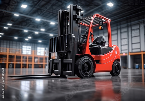 Forklift loads pallets and boxes in warehouse, Machinery concept, Logistics in stock.