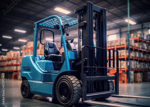 Forklift inside storage hangar, Cardboard parcels on boxes in warehouse area, Delivery service warehouse.