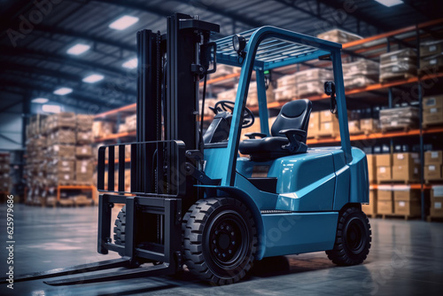 Forklift loads pallets and boxes in the modern large warehouse.