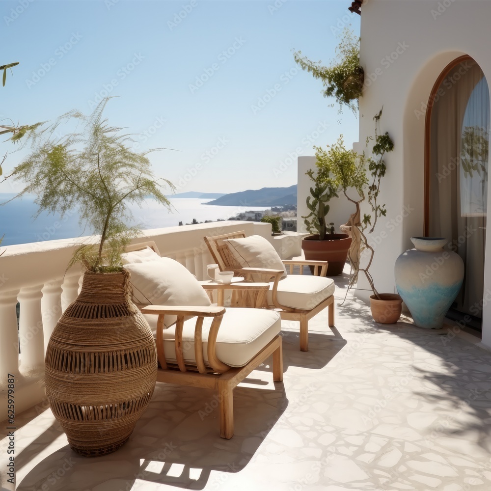 Terrace and sofa furniture overlooking the sea, Relaxing scene at a holiday, Luxurious.