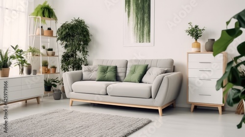 Living room with cozy grey sofa in a loft style interior with potted plants, Cozy bright room, carpet.