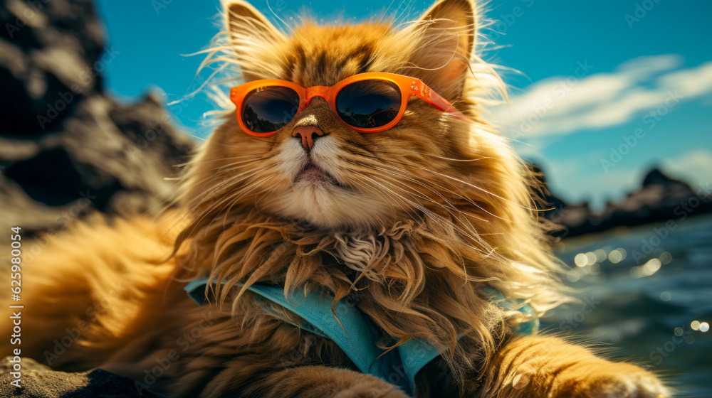 Cat in sunglasses lies on the beach. The cat is on vacation at sea. Generative AI
