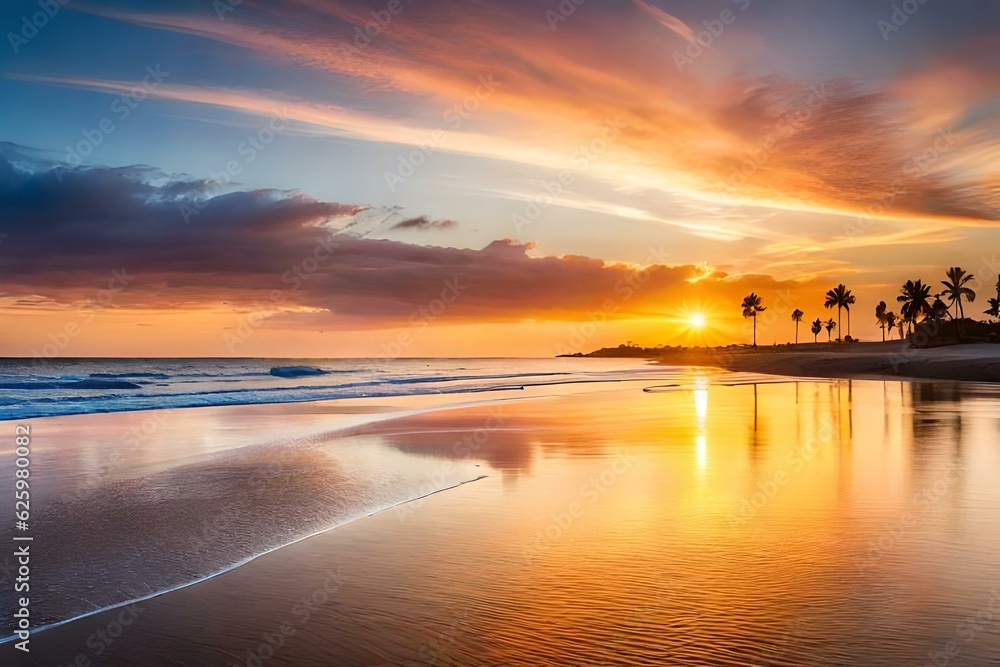A serene beach at the time of sunset - AI Generative A serene beach at the time of sunset - AI Generative