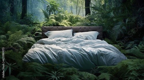 bed with white bedding in the forest © alexxndr
