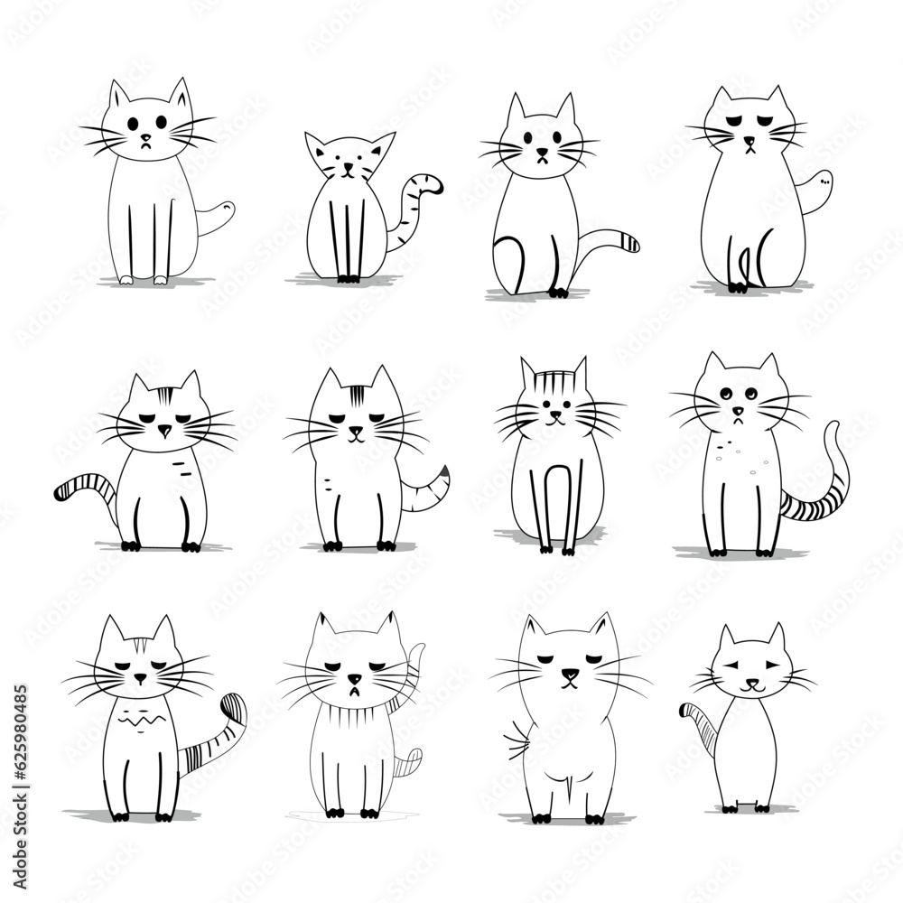 Set of vector cats. Funny cats download vector. Collection of drawn cats in vector