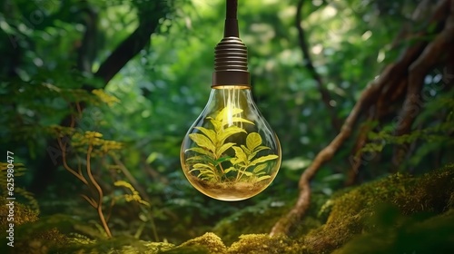 light bulb with green leaves