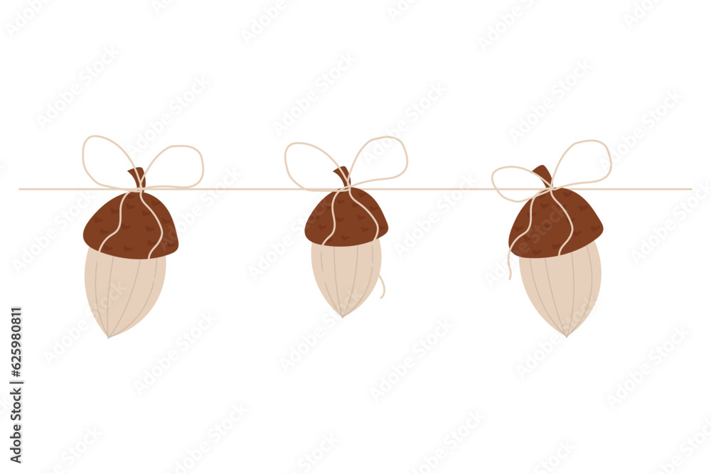 Acorns on a rope fall garland in cartoon style isolated on a white background. Forest decoration, seasonal nature element.