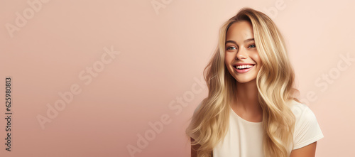 Wallpaper Mural Smiling young woman with blonde long groomed hair isolated on pastel flat background with copy space. Blonde hair care products banner template, hair salon. Torontodigital.ca