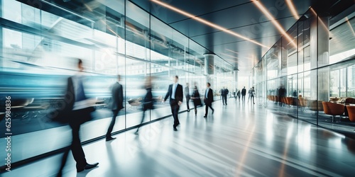 a modern office interior with the hustle and bustle of busy business people walking around, captured in captivating motion blur. Generative AI