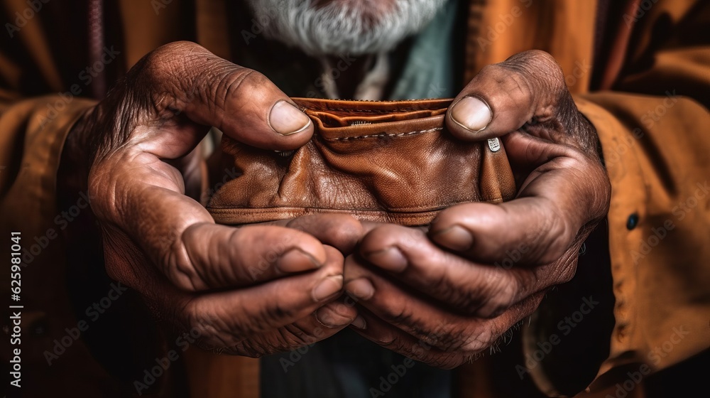 open leather wallet in elderly hands