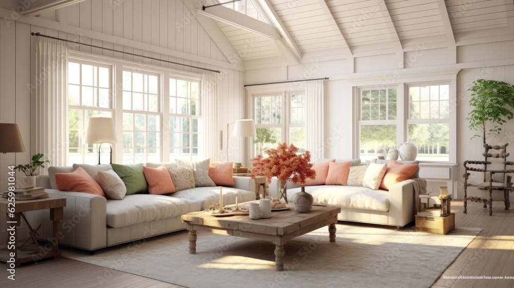 cozy farmhouse living room interior 3d