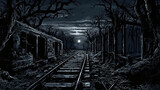 A Creepy Train Track In A Dark Forest With Moon Made With Generative AI