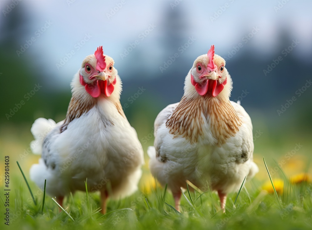 Fototapeta premium two chicken on green field near grass