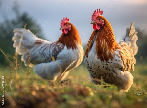 Photo two chicken on green field near grass