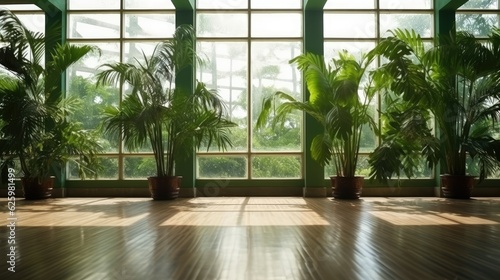 empty glass room tropical green plant, generative ai
