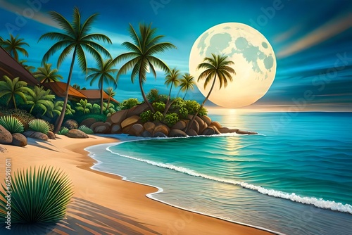 A serene view of a beach with tropical trees with enchanted light of moon - AI generative