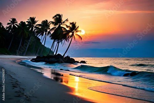 A serene view of a beach with tropical trees at the time of sunset - AI generative