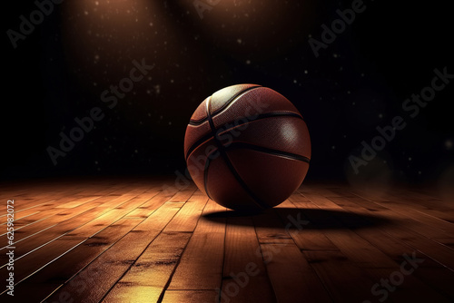 Game ball on floor in dark sports hall, basketball play