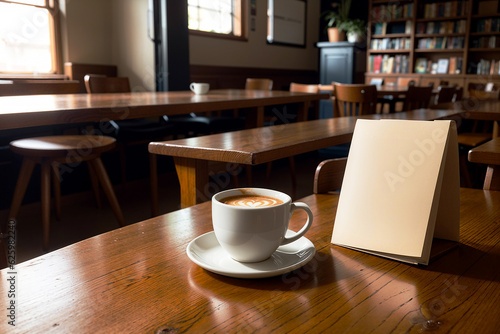 Realistic photo of a coffee cup and paper note stand on wood table in a coffee shop with cozy atmosphere
