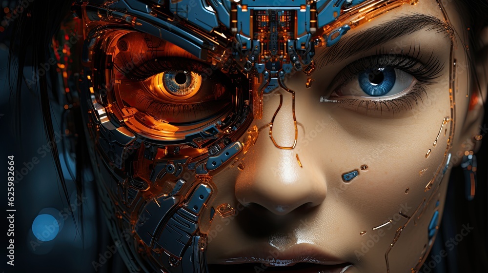 Close up of cyborg robot. technology futuristic concept.  Generative AI