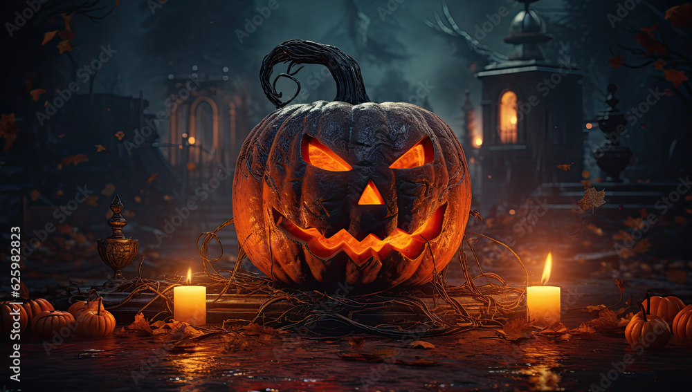 Fondo terrorifico de halloween con calabazas con caras illuminadas en un bosque. Ilustración de IA generativa Fondo terrorifico de halloween con calabazas con caras illuminadas en un bosque. Ilustración de IA generativa
