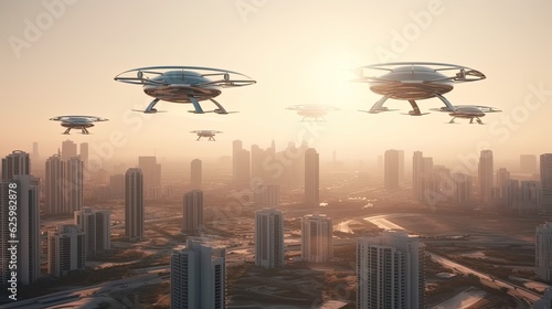 Eco friendly modern and futuristic air taxis flying in city. Generative AI.