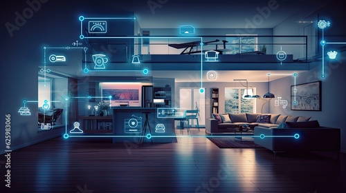 Interior of AI augmented reality smart home, Modern smart home components management system with artificial intelligence	
