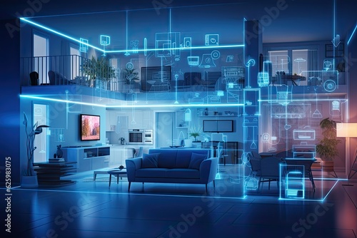 Interior of AI augmented reality smart home, Modern smart home components management system with artificial intelligence 