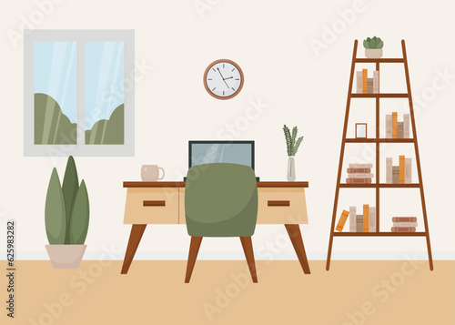 workspace room interior, flat style, cabinet, home office, modern interior, chair, desk, bookshelf, books, window, plant, laptop, mug, vector illustration