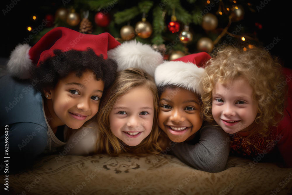 Children are lying on the floor next to the Christmas tree Children are lying on the floor next to the Christmas tree